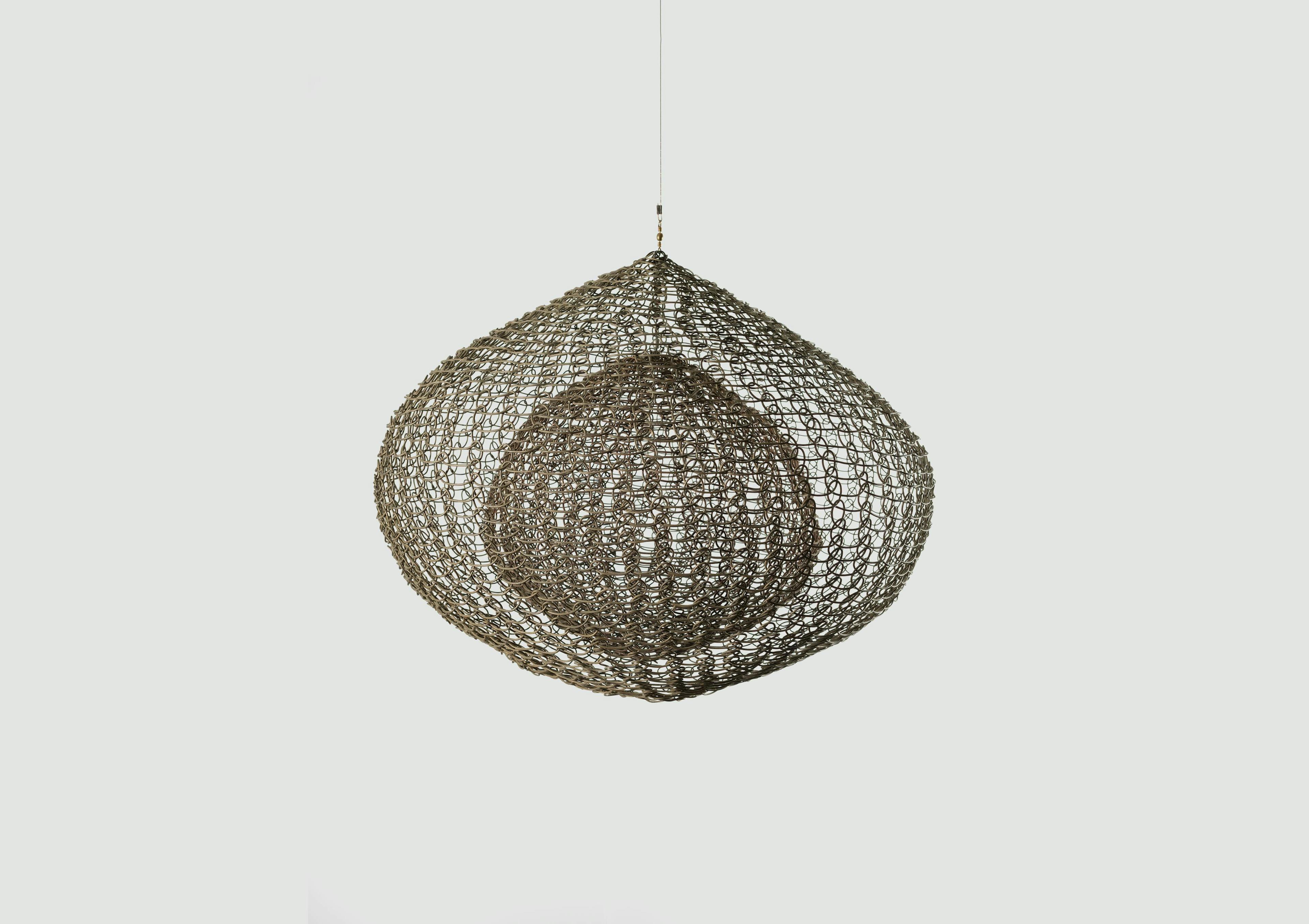 A mixed media artwork by Ruth Asawa, titled Untitled (S.068, Hanging, Single Lobe, with a Suspended Interior Sphere), circa 1952.